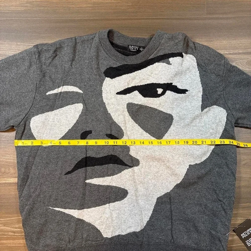 BooHooMAN gray sweater with white and black face graphic, size L